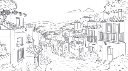 European Town Sketch, Scenic Village, Perspective Drawing, Background Use