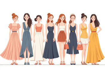 Fototapeta premium Diverse women in stylish dresses on white background