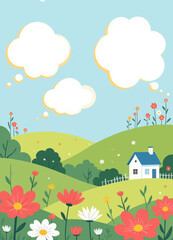 Naklejka premium Dreamy Cartoon Landscape With House and Flowers
