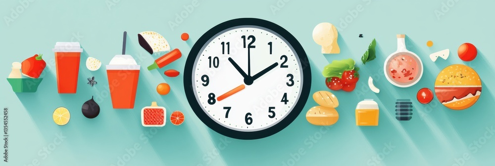 Poster creative clock design featuring food icons for fast grocery delivery in a modern style