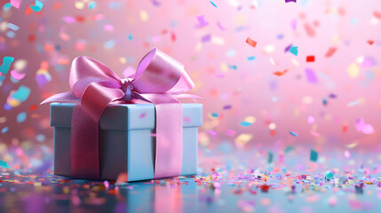 Fototapeta premium A small blue gift box with a pink ribbon sits amidst a shower of colorful confetti during a festive occasion