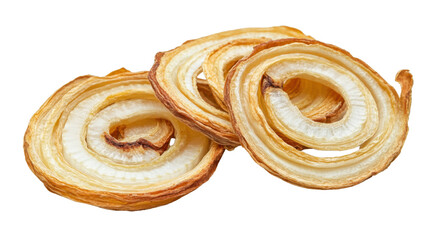 Fototapeta premium Golden Delight: A close-up shot presents a trio of exquisitely crafted, crispy, and golden-hued onion rings, their layered textures and appetizing appearance. 
