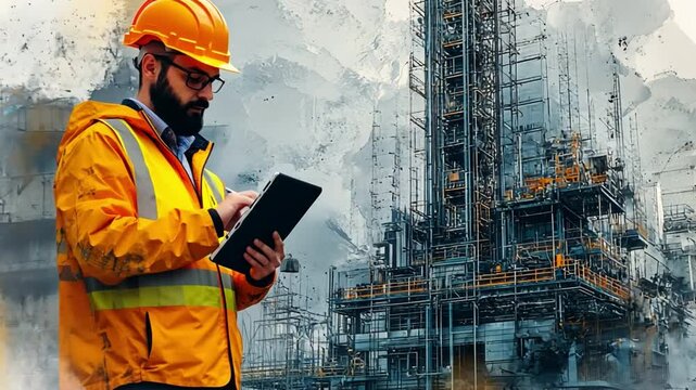 Engineering Oversight: An engineer in protective gear and hard hat meticulously reviews digital data on a tablet, against a backdrop of a modern industrial complex.