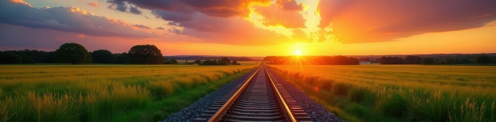 Obraz premium Vibrant summer sunset over tranquil railway crossing in green fields , journey, view