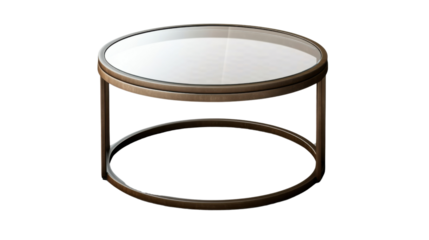 Minimalist Coffee Table: A modern, elegant coffee table features a circular glass top supported by a sleek, metallic frame, offering a stylish touch to interior spaces.