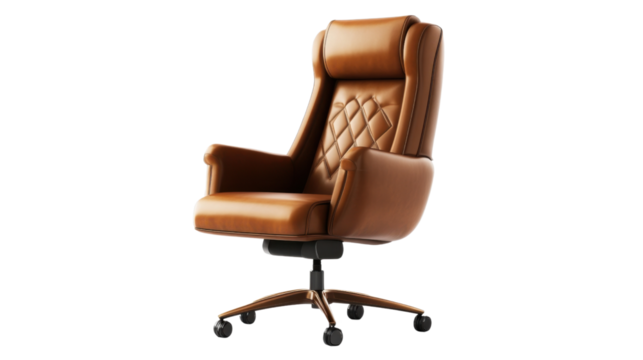 Executive Leather Chair: Luxurious brown leather executive chair exuding sophistication and comfort, perfectly suited for a modern office setting. The chair stands out with its elegant design.