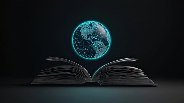 An open book with a glowing globe above it, symbolizing knowledge and global connectivity through technology.