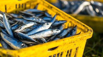 Freshly caught fish in yellow plastic crate.