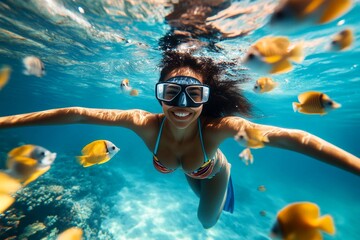 Bright commercial style image. Many tropical fish swim next to her. A attractive and sexy happy mixed-race young woman with black hair in a swimming mask and fins snorkeling among the corals.