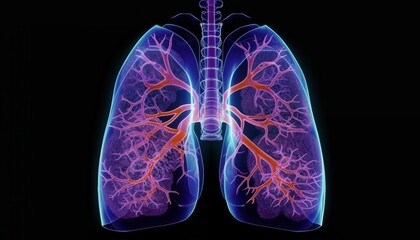Human lungs X-ray on black. Veins glowing. Chest anatomy. Organ scan on dark backdrop. Biology representation. Body diagnostic test