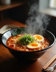 Japanese ramen dish with noodles and fresh vegetables.