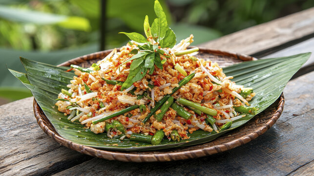 Delicious Khanom Chin Nam Ngi served on banana leaf, featuring vibrant herbs and spices, perfect for flavorful meal