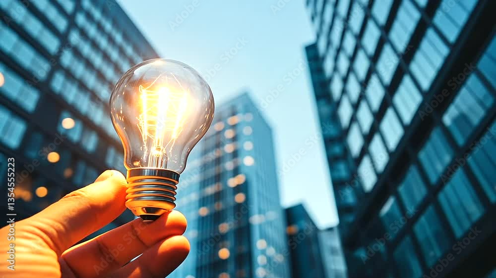 Poster a glowing bulb held in front of a reflective skyscraper, where the light refracts across the glass p