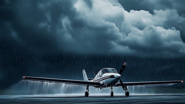 Small Airplane Landing on an Airport Runway in a Torrential Rainstorm