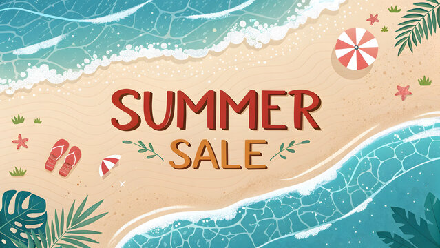 Summer beach background, Summer sale banner vector illustration. top view of summer beach waves background