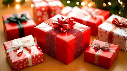 Obraz premium Christmas presents, red and white wrapping paper, bows.