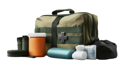 Emergency Kit Essentials: A meticulously arranged first aid kit, replete with essential medical supplies, ready for action.