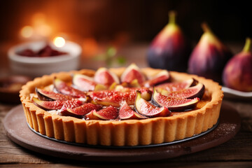 A fresh fig tart on kitchen background