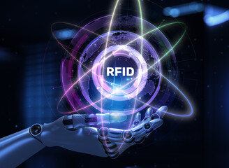 RFID Radio Frequency Identification Illustrated with a Robot Hand Pressing a Button on a Virtual Screen. 3D render.
