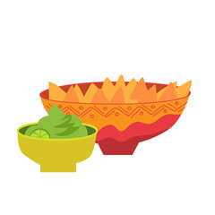 Nachos and Guacamole in festive bowls, traditional Mexican snack, vector illustration isolated on white