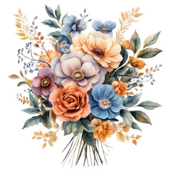 Beautiful floral arrangement featuring various colorful flowers and greenery isolated on transparency background