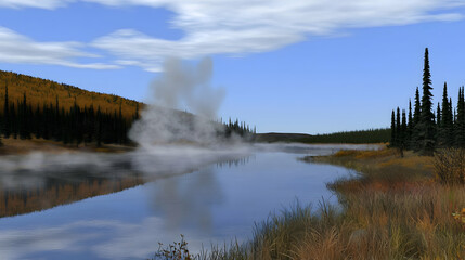 Tranquil lake scene with steam rising