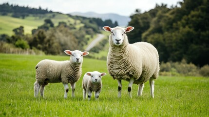 Fototapeta premium Sheep mother and lambs in a grassy field