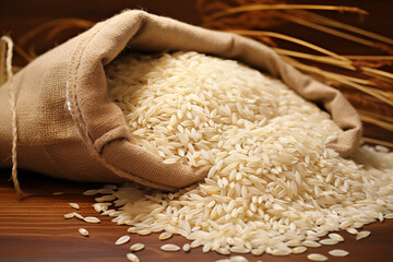 A close-up of ripe rice grains in sack
