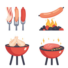 Various meats being cooked on grills with flames and forks