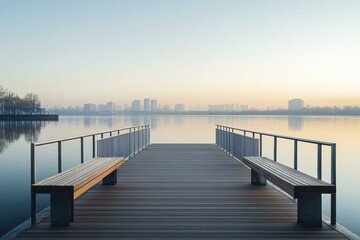 Tranquil pier with cityscape backdrop over calm water at dawn for peaceful scenic getaway concept