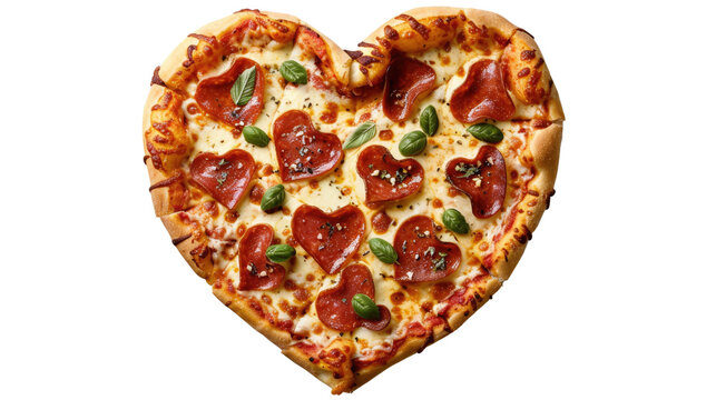 Heart-Shaped Pizza: A beautifully presented heart-shaped pizza, topped with pepperoni slices, melted cheese, and fresh basil leaves, an invitation to indulge in a tasty and artistic feast.