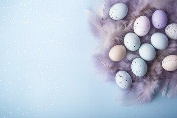 A background of bird eggs with white feathers on pastel background. Easter holiday