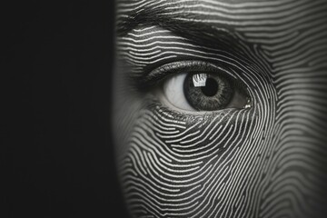 Abstract Face Art with White Fingerprint Lines Pattern around Eye in Black and White