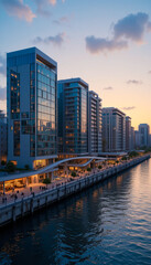 Fototapeta premium Modern city skyline with skyscrapers at sunset