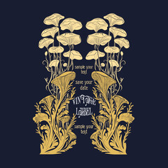 vector vintage items: label art nouveau,mushroom  frame, wedding invitation	
