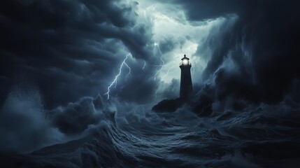 A lone lighthouse stands against the raging ocean, illuminated by lightning bolts cutting through stormy clouds, as towering waves crash around it in a dramatic display of nature's fury