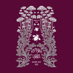 vector vintage items: label art nouveau,mushroom  frame, wedding invitation	
