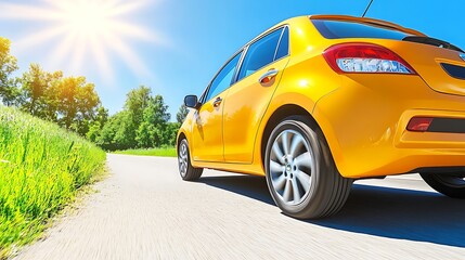 Fototapeta premium Yellow car driving on sunny road.