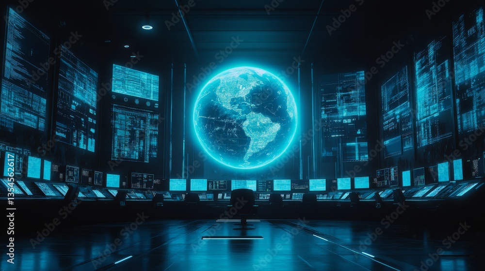 Poster a sleek, futuristic control room featuring a glowing globe projection, multiple data screens, and a 