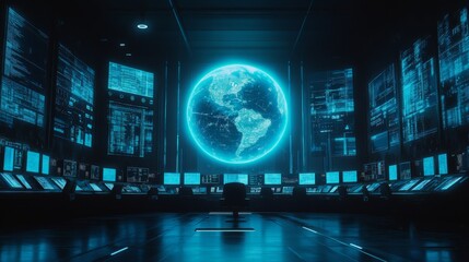 Obraz premium A sleek, futuristic control room featuring a glowing globe projection, multiple data screens, and a clean, immersive technological environment.. AI Generation