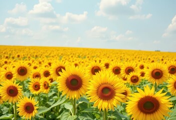 Vast field of vibrant yellow sunflowers blooming under a summer sky, color, sunshine