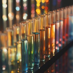 Colorful Chemistry: A Row of Test Tubes Filled with Liquids, Illuminated by Soft Bokeh Lights Creating a Dreamy, Scientific Ambiance