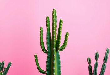 Vibrant green cactus against a pastel pink backdrop, floral, design