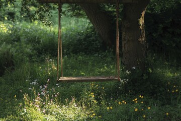 Rustic rope swing hanging from a tree in a lush meadow of wildflowers, creating a peaceful and nostalgic summertime scene.