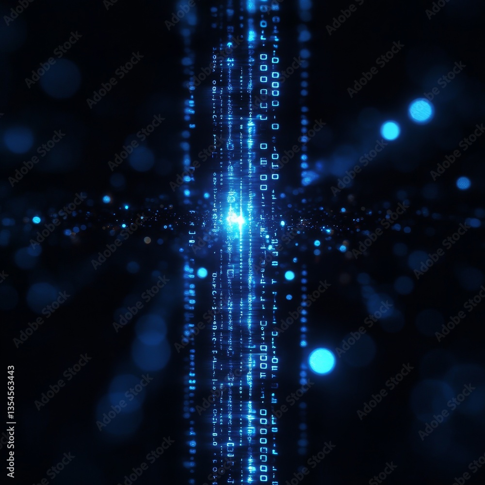 Poster Digital Cascade: A Stream of Blue Binary Code and Data Flowing Through a Futuristic Network