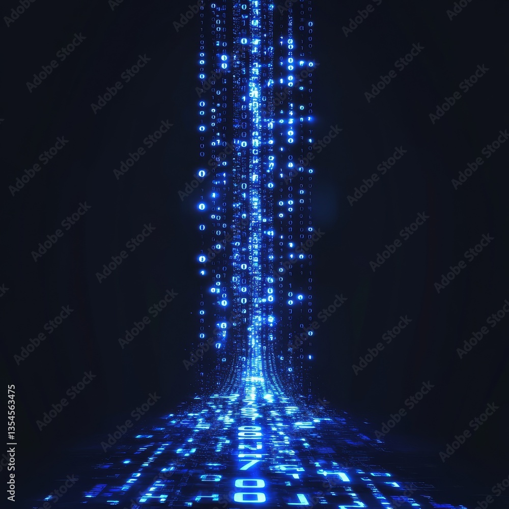 Aufkleber Digital Stream: A Futuristic Data Flow in Binary Code, Illuminated in Neon Blue, Conveying Connectivity and Technological Advancement.