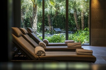 Luxurious spa loungers with plush towels offer relaxation near window overlooking lush green tropical garden