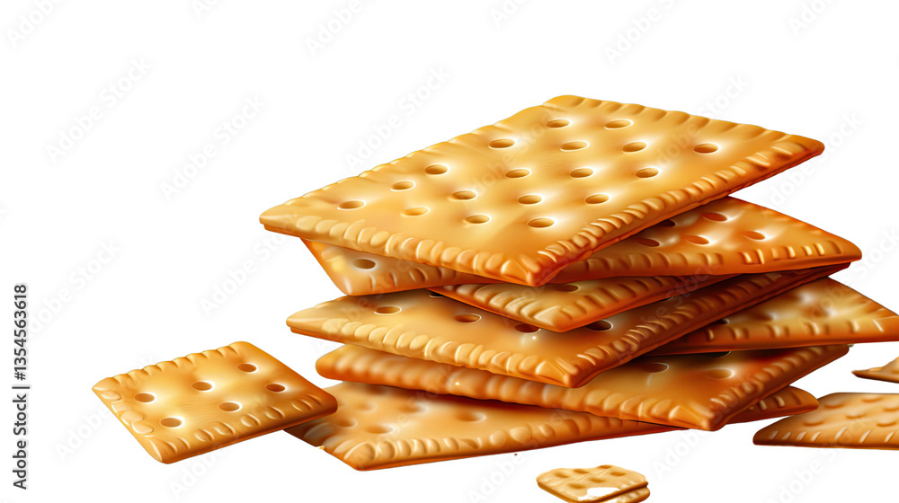 Poster golden cracker stack: a close-up shot showcasing a stack of golden, square crackers with a light and