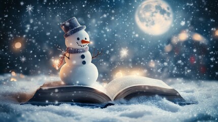 A snowman perched on a snowy book, surrounded by snowfall and warm glowing lights, with the moon casting a serene winter glow. Perfect for seasonal and festive designs.. AI Generation