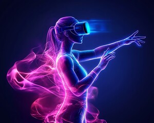 Fototapeta premium A woman experiences virtual reality wearing a futuristic headset